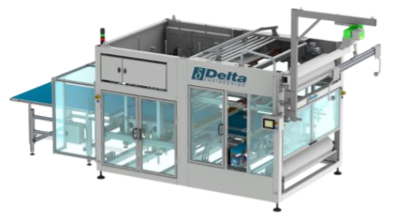 Ensacheuse automatique Delta Engineering, vue de trois quarts avec convoyeur d’entrée